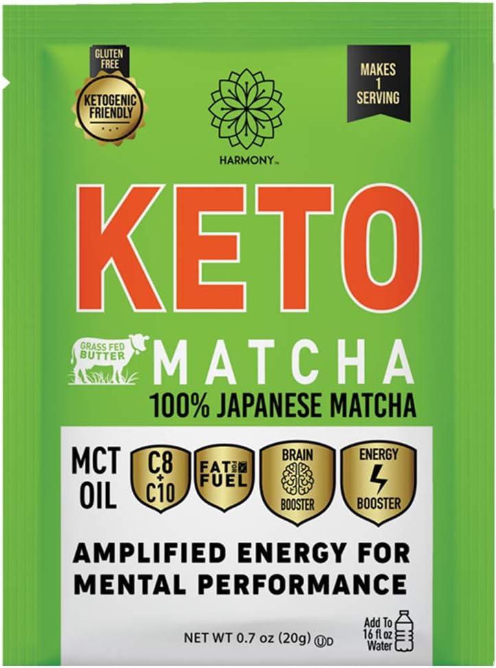 Harmony, Keto Matcha, Pure Japanese Matcha pour amplifier l'énergie et la performance mentale, Pack de mélange de boissons instantanées, 68mg de caféine par service, 12 Packets