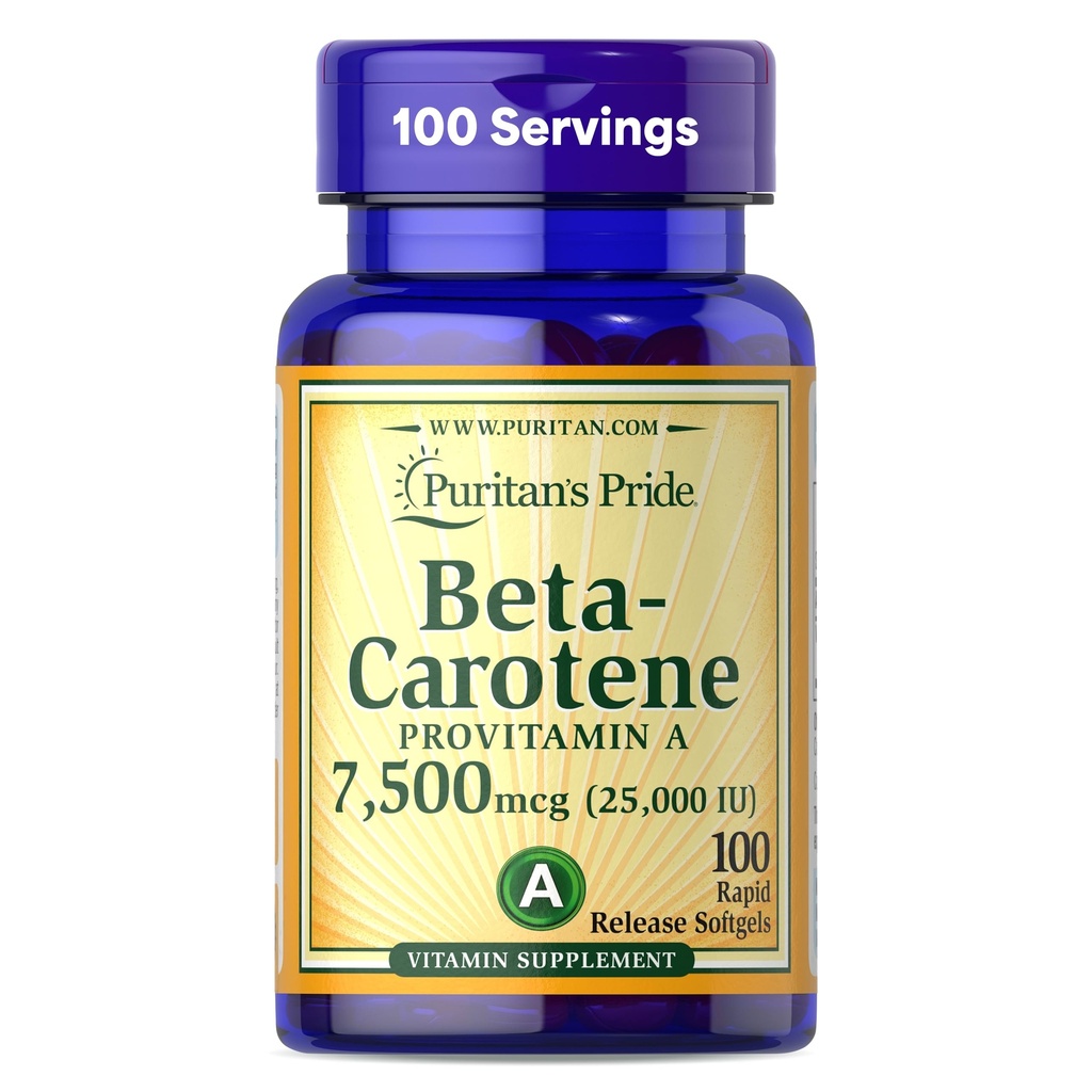 Puritan's Pride Beta Carotène Provitamine A 7 500 mcg (25 000 UI), supplément de vitamine pour système immunitaire, antioxydant et soutien de santé oculaire, 100 jours d'approvisionnement, 100 softgels à libération rapide