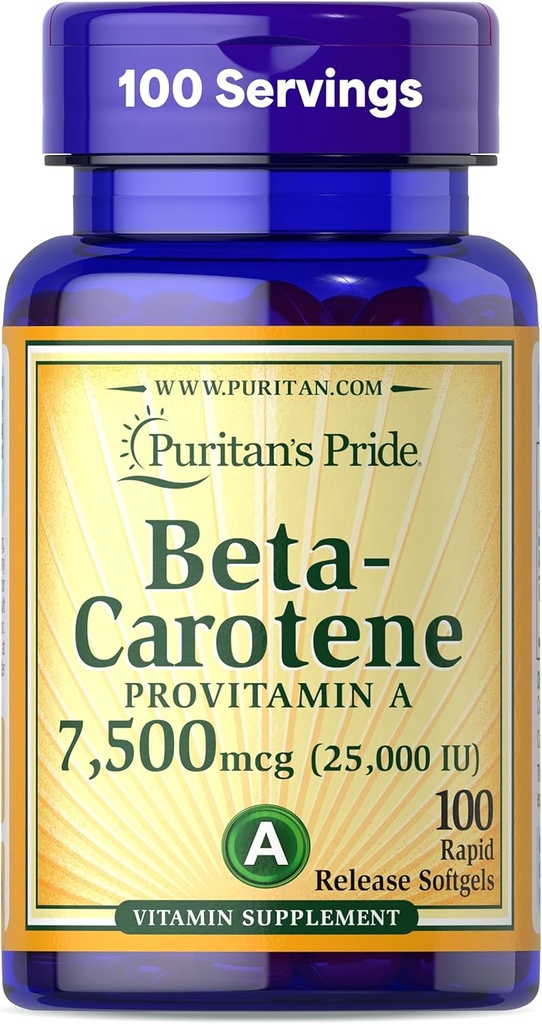 Puritan's Pride Beta Carotène Provitamine A 7 500 mcg (25 000 UI), supplément de vitamine pour système immunitaire, antioxydant et soutien de santé oculaire, 100 jours d'approvisionnement, 100 softgels à libération rapide