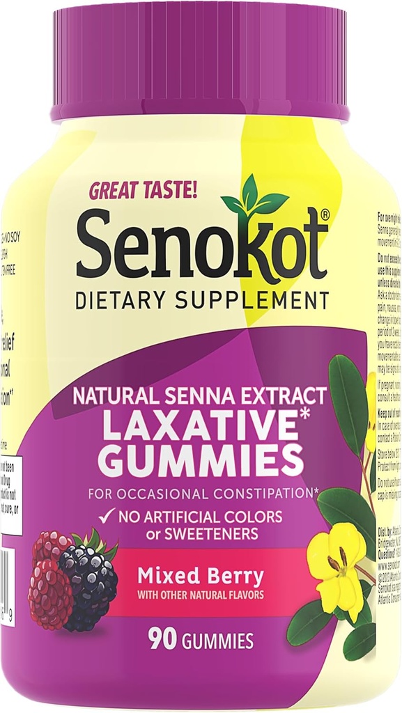 Senokot Dietary Supplement Gommies laxatives, Extrait naturel de Senna, Doucement, Soulagement de nuit de Constipation Occasionnelle, Saveur de Berry Mixte, 90 Comte