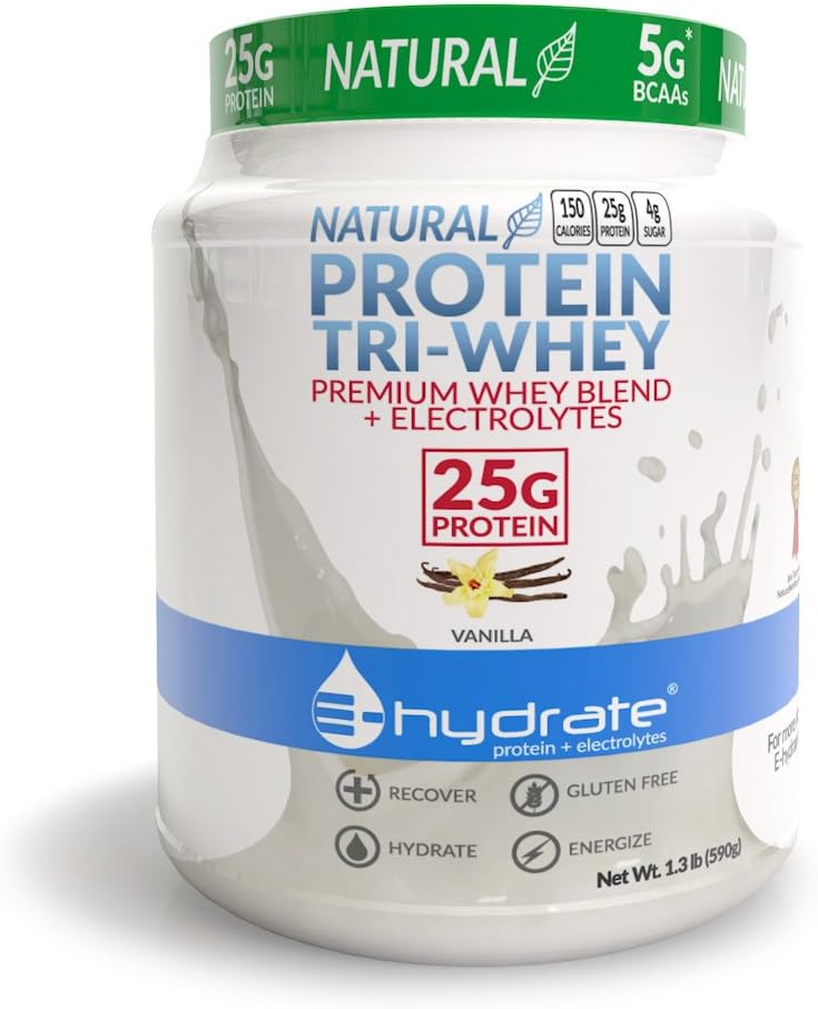 Poudre de protéines Tri-Whey E-hydrate Sans gluten BCAA + Electrolytes Hydrate Recover, Vanille, 1.3lb Tub