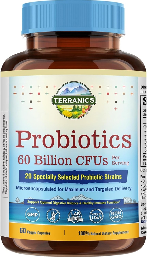 Terranics Probiotiques 60 Million CFU, 20 souches, 60 capsules de légumes, prébiotiques et probiotiques, supplément probiotique stable de plateau pour les hommes et les femmes, santé digestive et immunitaire, non-OGM, NO Soy, lait et gluten