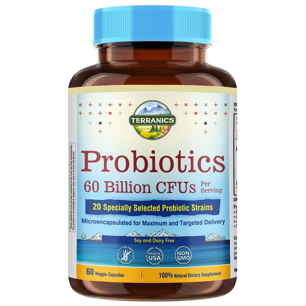 Terranics Probiotiques 60 Million CFU, 20 souches, 60 capsules de légumes, prébiotiques et probiotiques, supplément probiotique stable de plateau pour les hommes et les femmes, santé digestive et immunitaire, non-OGM, NO Soy, lait et gluten