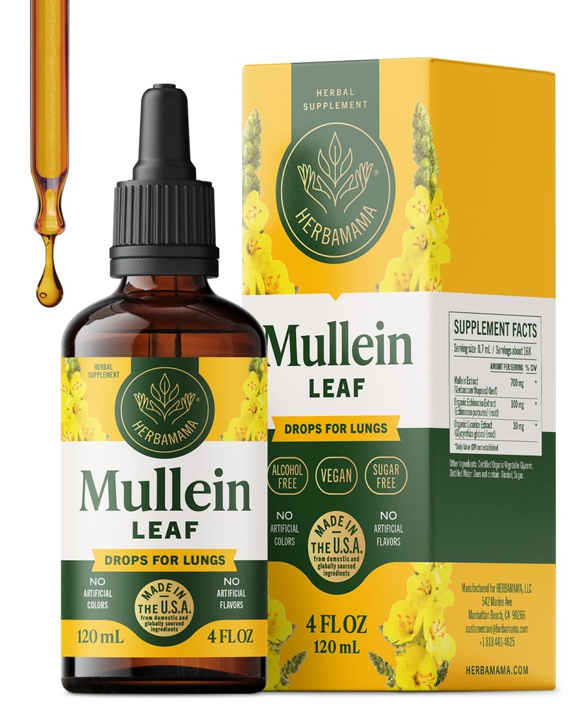 HERBAMAMA gouttes de Mullein pour les poumons - Vegan Lung Cleanse avec extrait de feuille de Mullein, Teinture d'échinacée et réglisse - Supplément de soutien respiratoire non-OGM, sans alcool et sans sucre - Approvisionnement de 56 jours