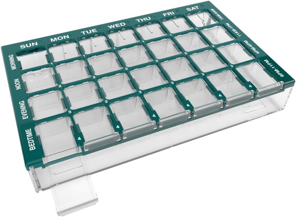 EZY DOSE Pill Organizer Weekly (7 jours), planificateur de médicaments, cas/boîte de vitamines, compartiments moyens avec bac de remplissage facile, 4 fois par jour, contenants faciles à utiliser, lys clairs, vert, sans BPA