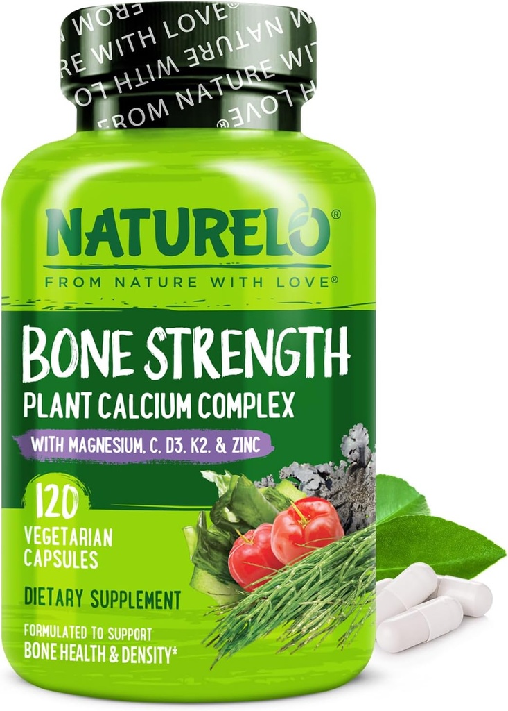 NATURELO Supplément au calcium - avec vitamine C, vitamine D3, K2 et zinc de magnésium de calcium pour la résistance aux os avec calcium 600mg - à base végétale, 120 Capsules végétariennes, sans OGM, sans soja et sans gluten