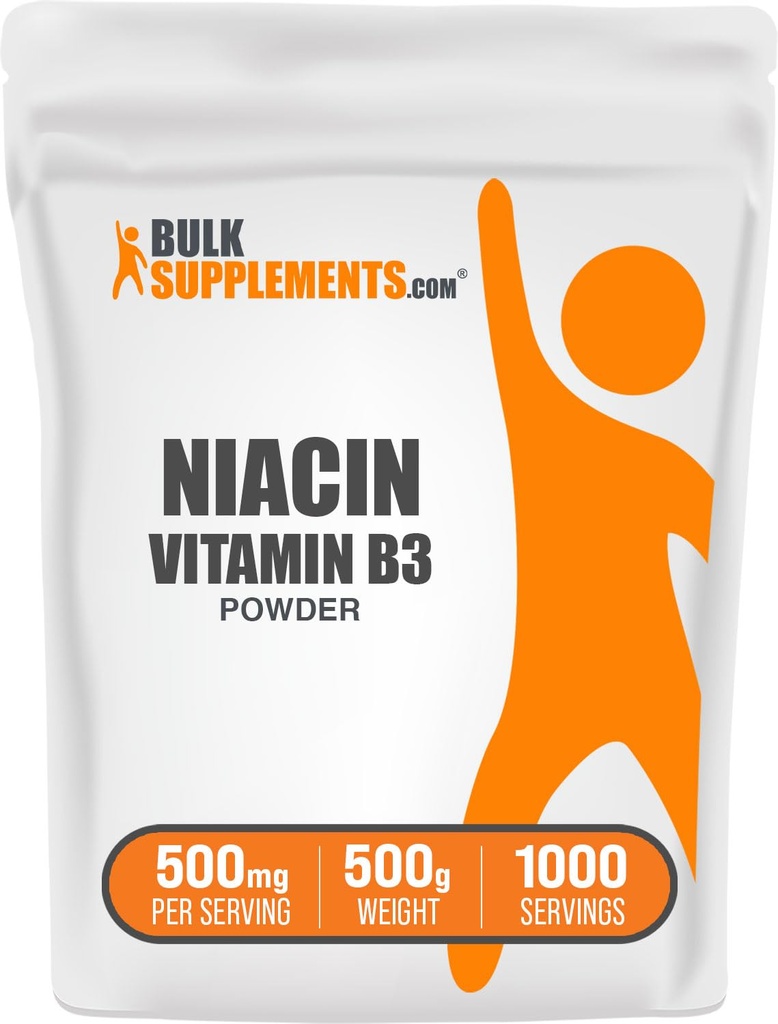 BulkSupplements.com Poudre de niacine - supplément vitamine B3, niacine 500mg - flush de niacine, niacine avec flush - sans gluten, 500mg de niacine par portion, 500g (1,1 lb) (paquet de 1)