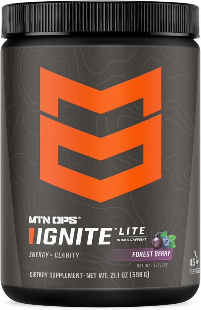 MTN OPS Ignite Lite Energy Drink Powder Gluten Free Nitric Oxide Complement Drink Mix, L Arginine, L Citrulline, Caféine et Nootropic Sugar Free Drink Mix, 45 portions, Forest Berry