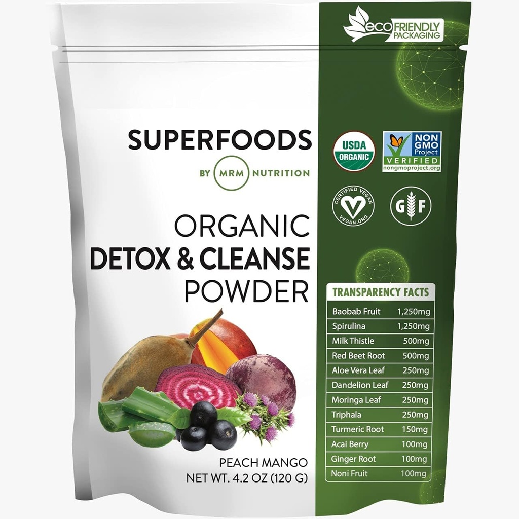 MRM Nutrition Détox organique et poudre nettoyante (Peach Mango Flavored) Détox quotidien doux Superaliments (Antioxydants + Chlorophylle + Phycocyanine + Electrolytes) 15 portions