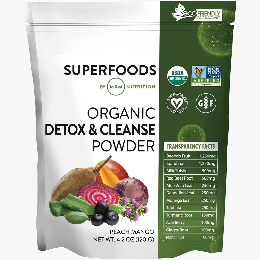 MRM Nutrition Détox organique et poudre nettoyante (Peach Mango Flavored) Détox quotidien doux Superaliments (Antioxydants + Chlorophylle + Phycocyanine + Electrolytes) 15 portions