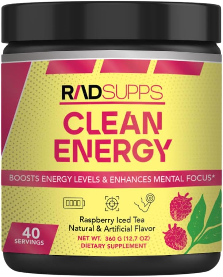Énergie propre - Poudre de pré-entraînement pour les hommes et les femmes avec des acides aminés BCAA, poudre de boisson énergétique, poudre d'énergie acide amino pour l'énergie et focus - 40 portions (12,7 oz, thé glacé framboise)