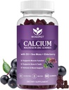 WOGORGT Calcium Magnésium Zinc Gommies avec Vitamine D3 - Supplément complexe d'absorption élevée Calcium avec la mousse de mer, Elderberry pour os, Muscles, Immune, Mood & Sleep Support, Vegan - 60 Gommies