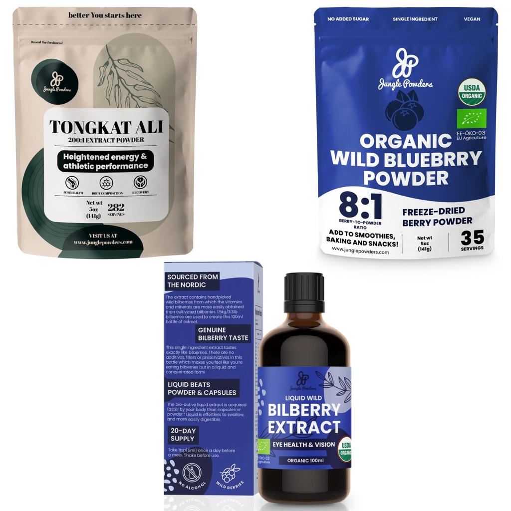 Poudres de jungle Ultimate pour la santé et le bien-être des hommes: 5 oz Tongkat Ali Poudre, 5 oz Wild Blueberry Poudre et 3.4 oz Bio Bilberry Liquid Extract - Suppléments Premium pour la conduite, la passion, la vue