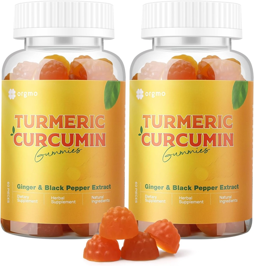 Gummies Curcumine curcuma avec Poivre Noir 2 Pack, Supplément Turcuma et Ginger pour le soutien de joint immune, Gummies Ginger sans sucre pour l'inflammation Vegan
