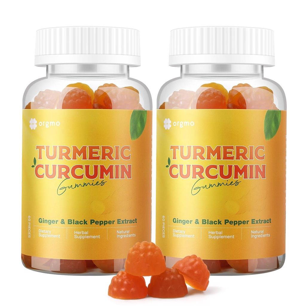 Gummies Curcumine curcuma avec Poivre Noir 2 Pack, Supplément Turcuma et Ginger pour le soutien de joint immune, Gummies Ginger sans sucre pour l'inflammation Vegan