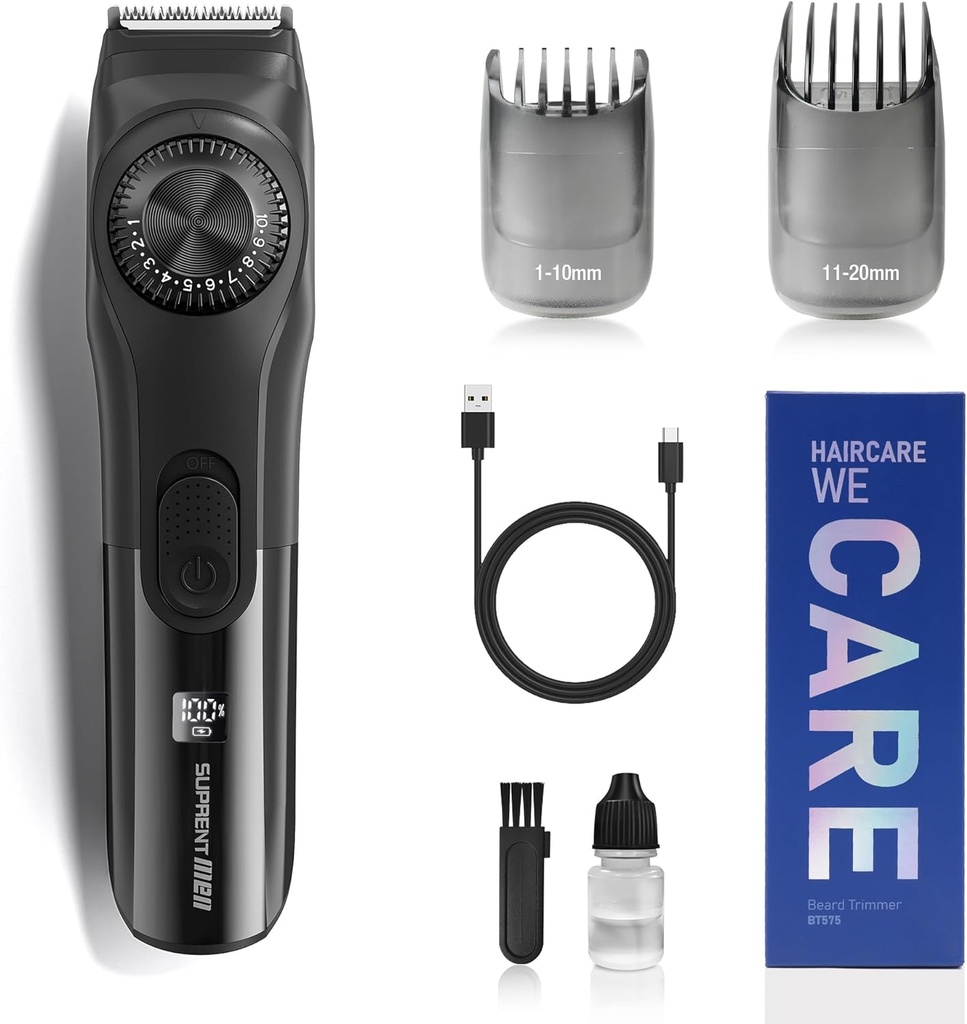Comprimeur de barbe réglable SUPRENT pour hommes, Comprimeur de barbe électrique sans fil avec cadran de précision, USB Rechargeable 19 Réglages de longueur Mustache Trimmer pour hommes Cadeaux (Noir)