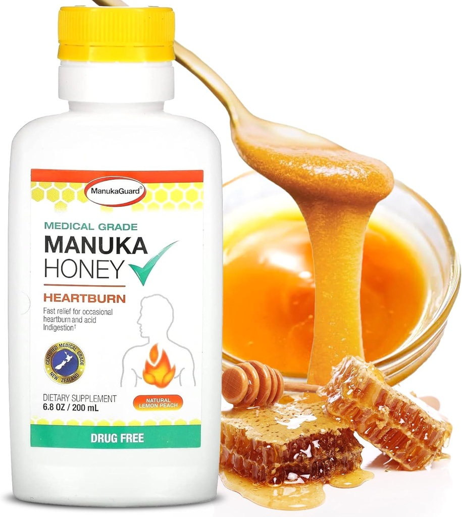 ManukaGuard Heartburn Nutralizer, Médical Grade Manuka Honey 6.8oz - Brûlure cardiaque immédiate et soulagement de l'indigestion acide. Alternative antiacide sans médicament