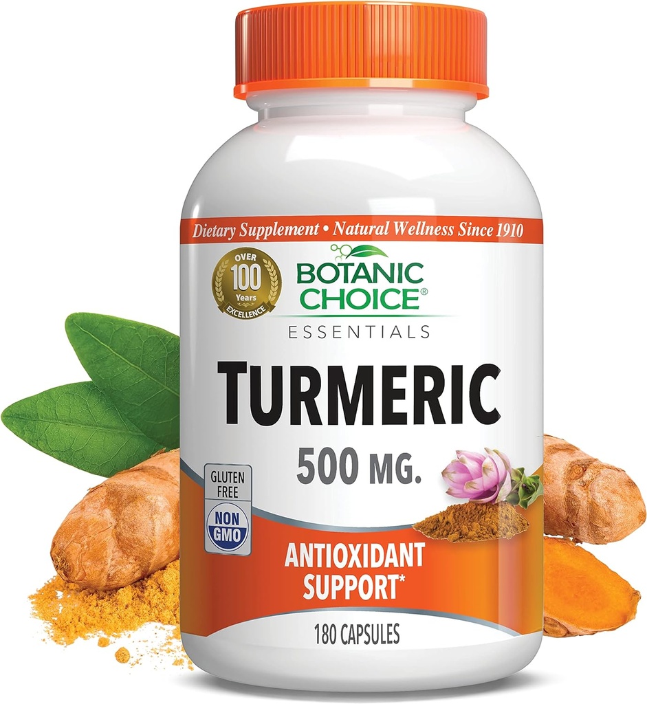 Botanic Choice Premium Turmeric Antioxydant Support - Supplément Santé Joint pour Adultes - 180 gélules (500 mg chacune)