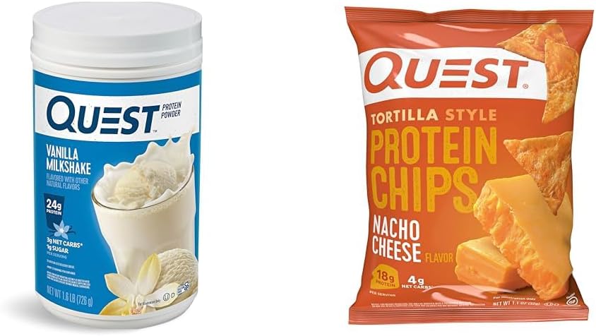 Quest Vanilla Milkshake Protéines Poudre, 24g Protéines, 1,6lb + Quest Nacho Cheese Tortilla Style Protein Chips, 18g Protéines, Pack de 12