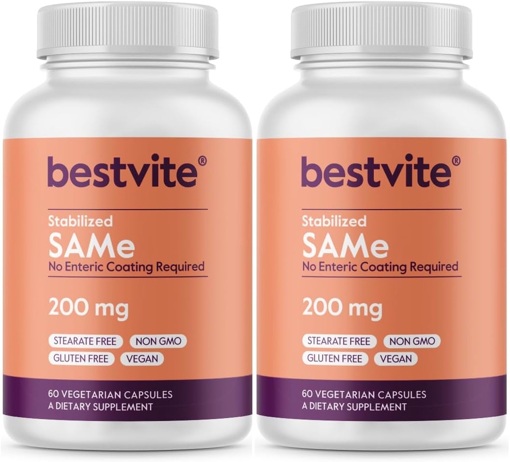 BESTVITE SAM-e 200 mg Stabilisé (120 capsules végétariennes) (60 x 2) - Formulaire de gélule facile à avaler - Pas de manteau entérique nécessaire - Pas de stéarate - Pas de remplissage - Vegan - Non OGM - Sans gluten