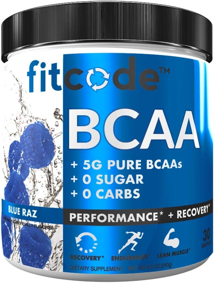 Fitcode Ultra Premium BCAAs avec 5G de BCAAs purs avec un rapport de 2:1:1 d'acides aminés pour aider à la récupération après l'entraînement, la croissance musculaire maigre, l'endurance, 30 portions (Raz bleu)