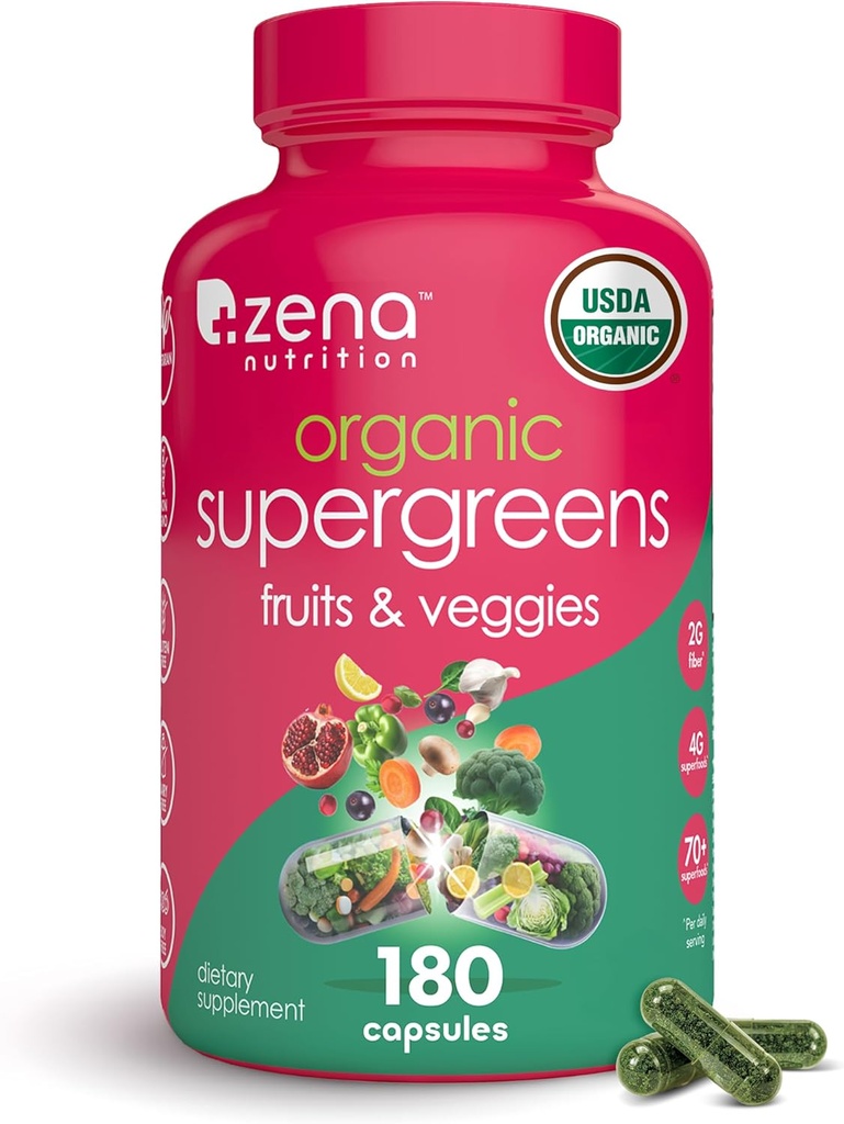 Zena Nutrition Bio Super Verts Supplément Fruits et légumes, 70+ Superaliments de fruits et légumes, 3g Fibre, Spiruline, Chlorella, Prébiotiques et probiotiques, Enzymes digestifs, 180 Capsules
