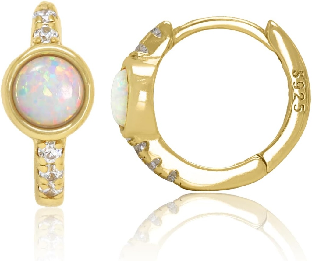 14K Or plaqué 925 Argent Sterling Création boucles d'oreilles blanc Opal Huggie Hoop