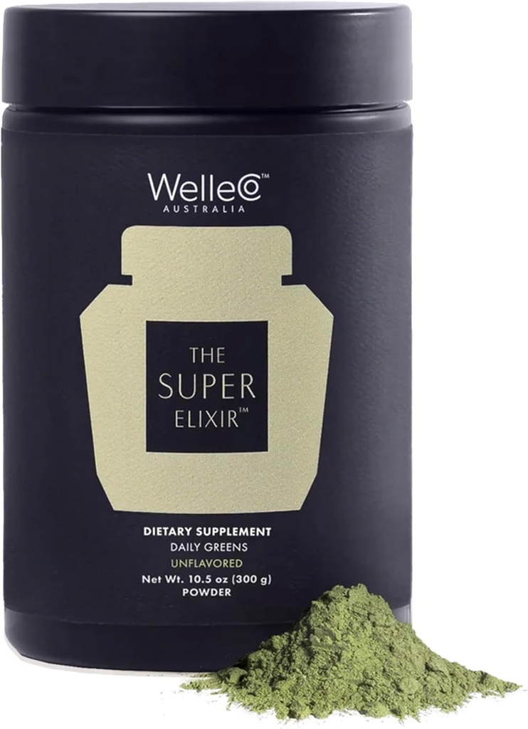 WelleCo La poudre quotidienne Super Elixir Greens, mélange de boissons probiotiques avec des aliments entiers, sans gluten, poudre santé Gut végétalien, énergie, immunité, peau saine, cheveux et ongles (300g, sans aromatisation)