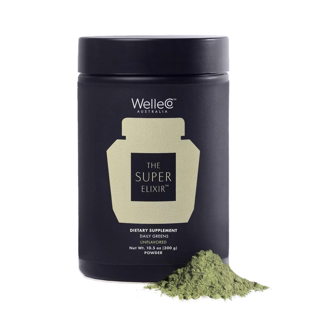 WelleCo La poudre quotidienne Super Elixir Greens, mélange de boissons probiotiques avec des aliments entiers, sans gluten, poudre santé Gut végétalien, énergie, immunité, peau saine, cheveux et ongles (300g, sans aromatisation)