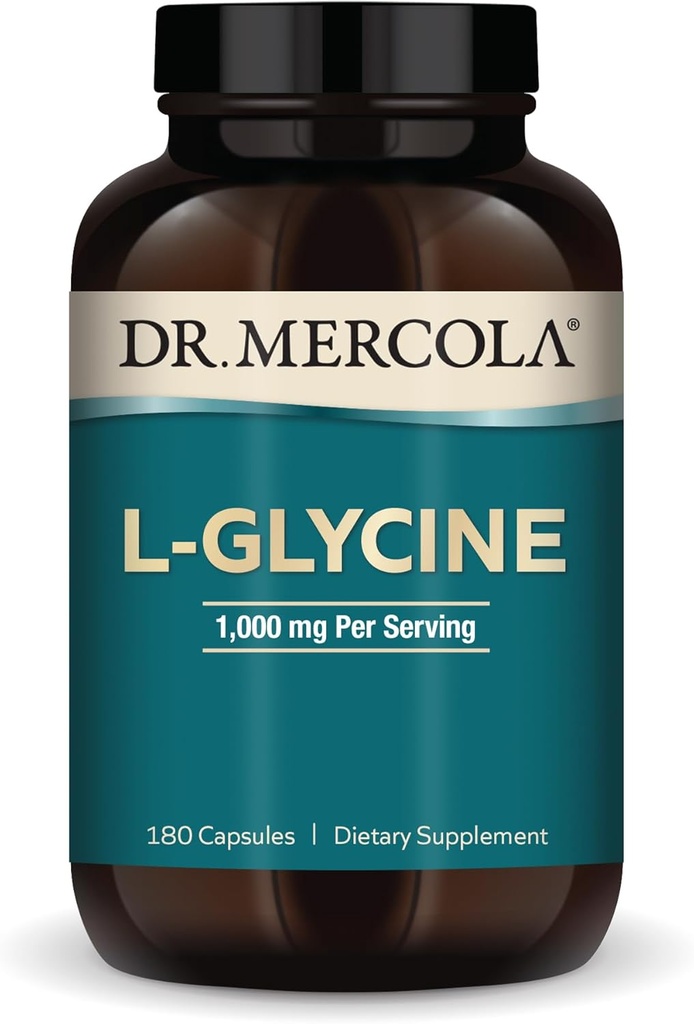 Dr Mercola L-Glycine - Aide à la production de glutathion et de collagène - Soutient le cœur, le cerveau, la digestion, la santé métabolique et immunitaire - Non-OGM, sans gluten et sans soja - 180 capsules (90 portions)