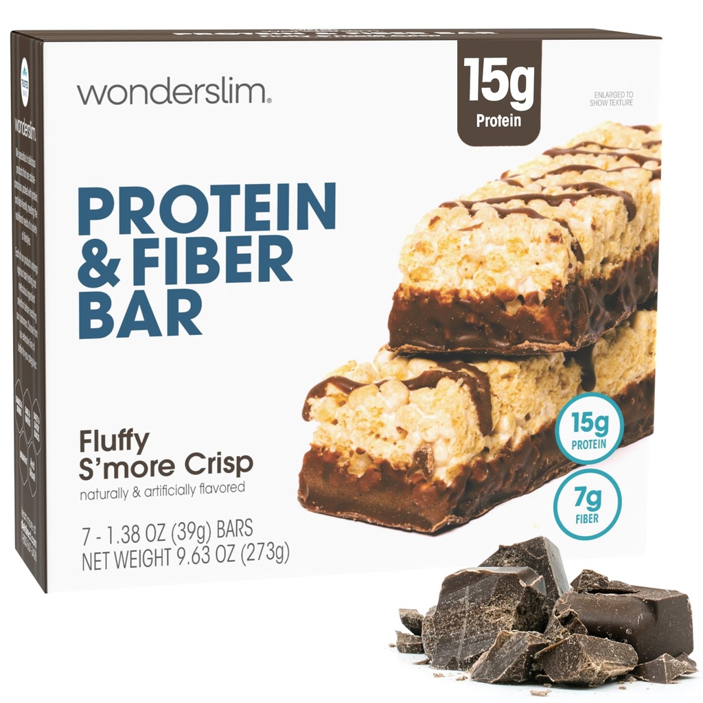 Wonderslim Haute Fibre Protein Bars, Fluffy S'more Crisp , Protéine 15g, 8g Fibre , Sucre faible , Faible carbure , Indulgence saine , Satisfaisant , Soutienne l'énergie et la commodité sur le pouce , 7 Pack