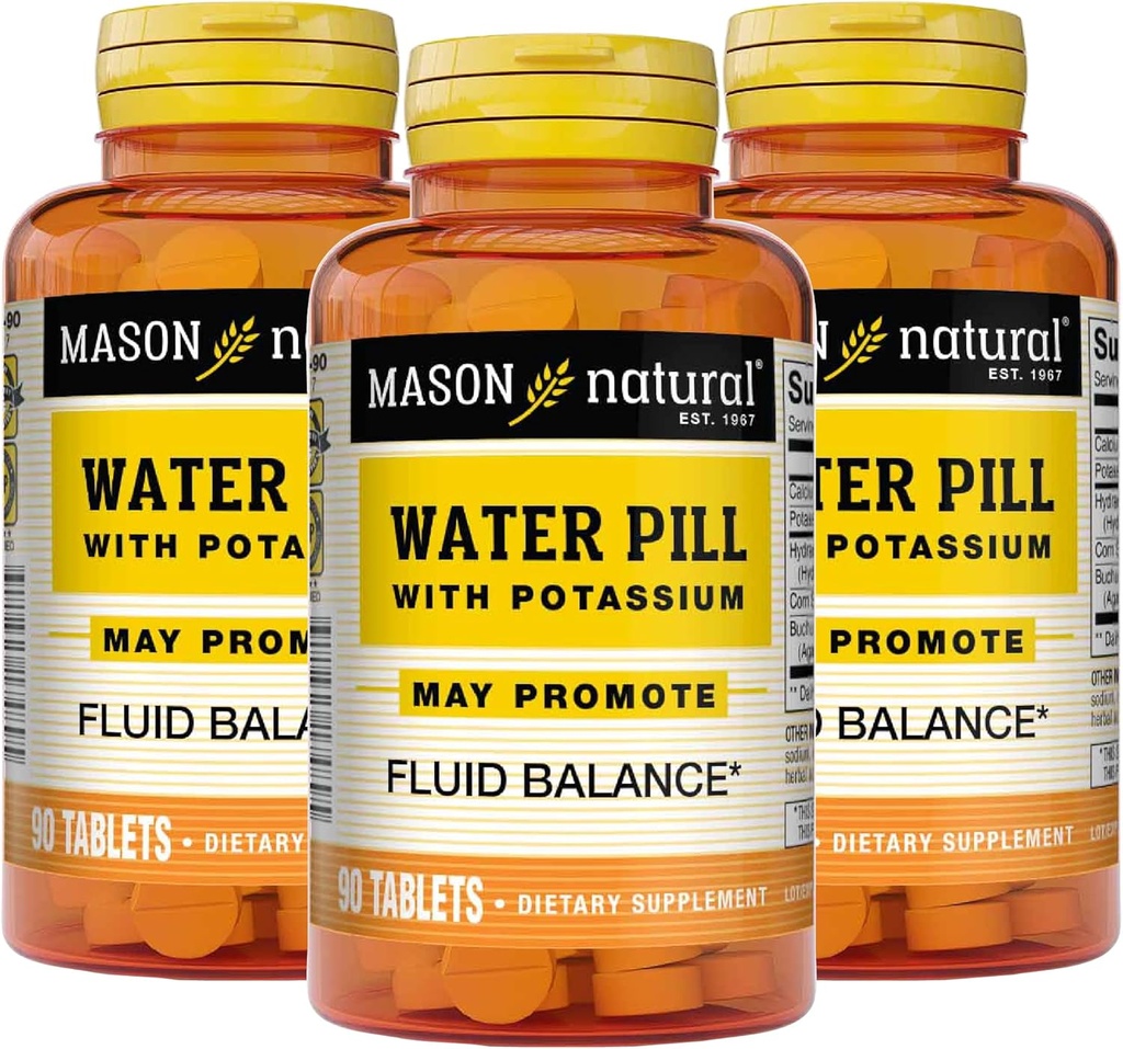 Pilule d'eau naturelle Mason avec du potassium et du calcium - soutient l'équilibre des fluides, aide à soulager le gonflement et l'houle, supplément diurétique naturel, 90 comprimés (paquet de 3)