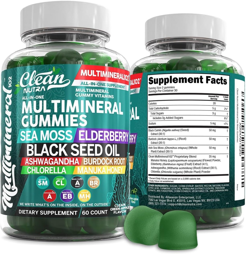 Gummies de la mousse de mer (Clinically Tested) - Huile de graines noires Ashwagandha Racine de lard Chlorella Manuka Miel - Végétalien Irlandais Vitamines de la mousse de mer pour adultes Enfants Hommes Femmes - Saveur de pomme verte