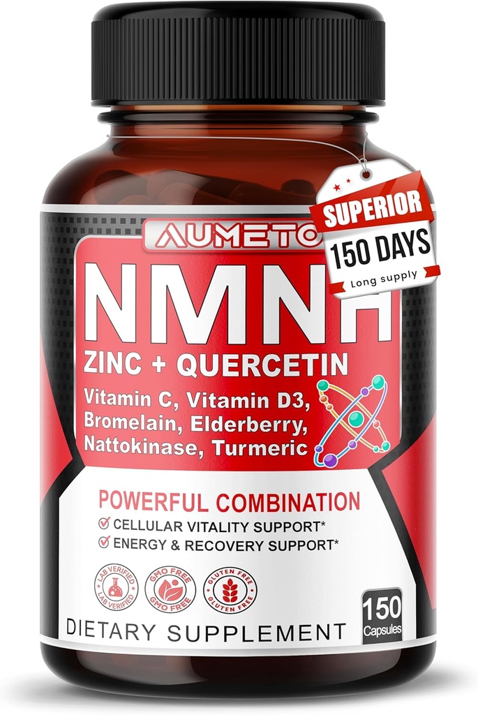 NMNH 600 mg avec Zinc, Quercetine, Vitamine D3, Elderberry & Nattokinase – Daily Cellular Wellness & Healthy Aging Support – 150 Capsules – Fabriqué aux États-Unis