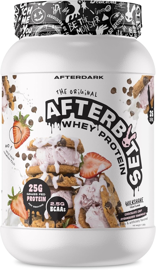 AFTERDARK Afterbites poudre de protéines, 25g de protéines, 4,5g de BCAA, dissolution facile, pas de couleurs artificielles ou de remplissage, protéine isolée, États-Unis fait, 26 portions, fraise Sandwich à biscuits