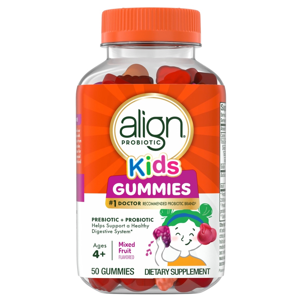Alignez Probiotique, Gummies pour enfants, Prébiotique + Probiotique aide à soutenir un système digestif sain*, #1 Doctor Recommandé Probiotique Marque, 50 Gummies Emballage peut varier