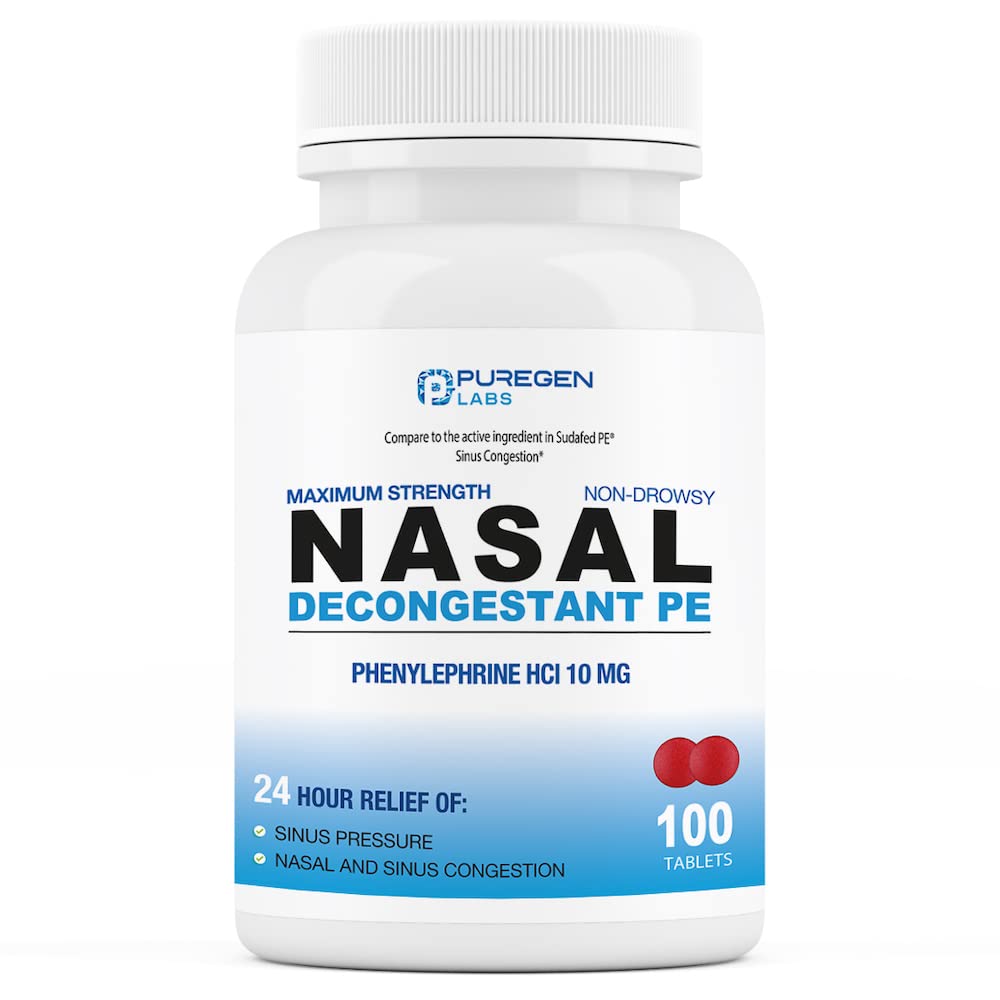 Puregen Labs Dégonflements nasaux PE 100 Comprimés Phénylephrine HCl 10 mg Comprimés Résistance maximale Résistant à la somnolence Nasal & Sinus Congestion Relief dû au froid ou aux allergies (1)