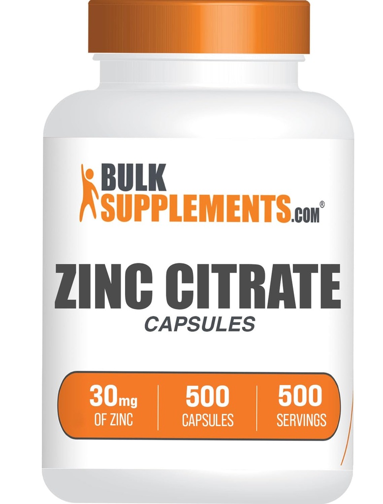BulkSupplements.com Capsules de citrate de zinc - Suppléments de zinc, sans gluten - 30mg par portion, 1 Capsule par portion, 500 Nombre (paquet de 1)