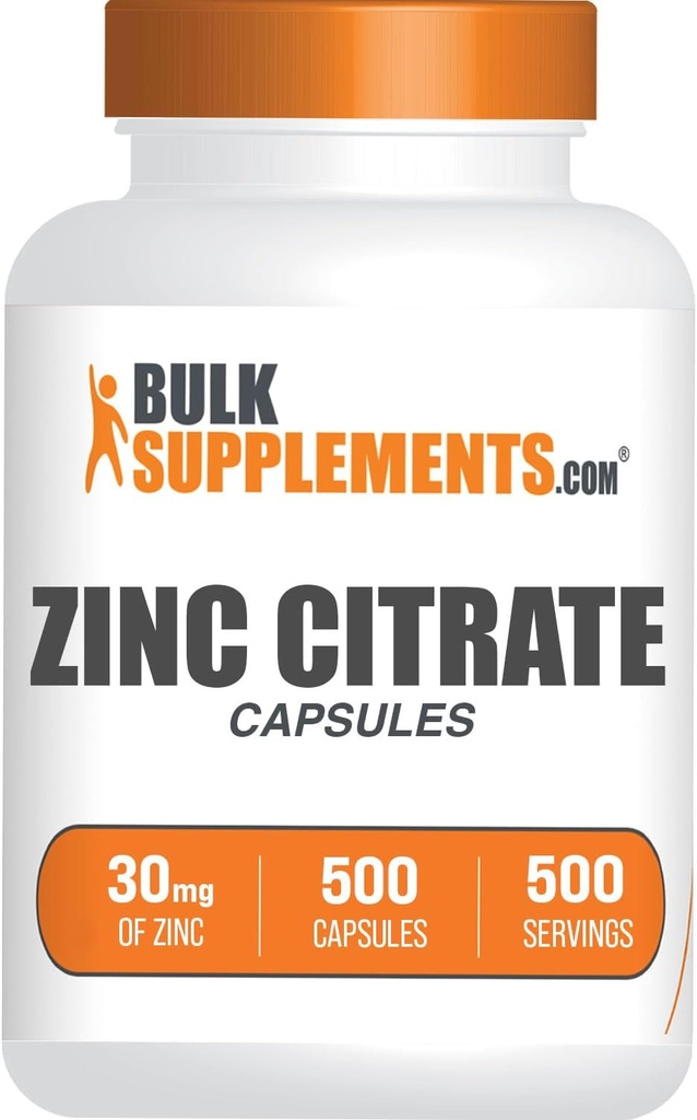 BulkSupplements.com Capsules de citrate de zinc - Suppléments de zinc, sans gluten - 30mg par portion, 1 Capsule par portion, 500 Nombre (paquet de 1)