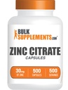 BulkSupplements.com Capsules de citrate de zinc - Suppléments de zinc, sans gluten - 30mg par portion, 1 Capsule par portion, 500 Nombre (paquet de 1)