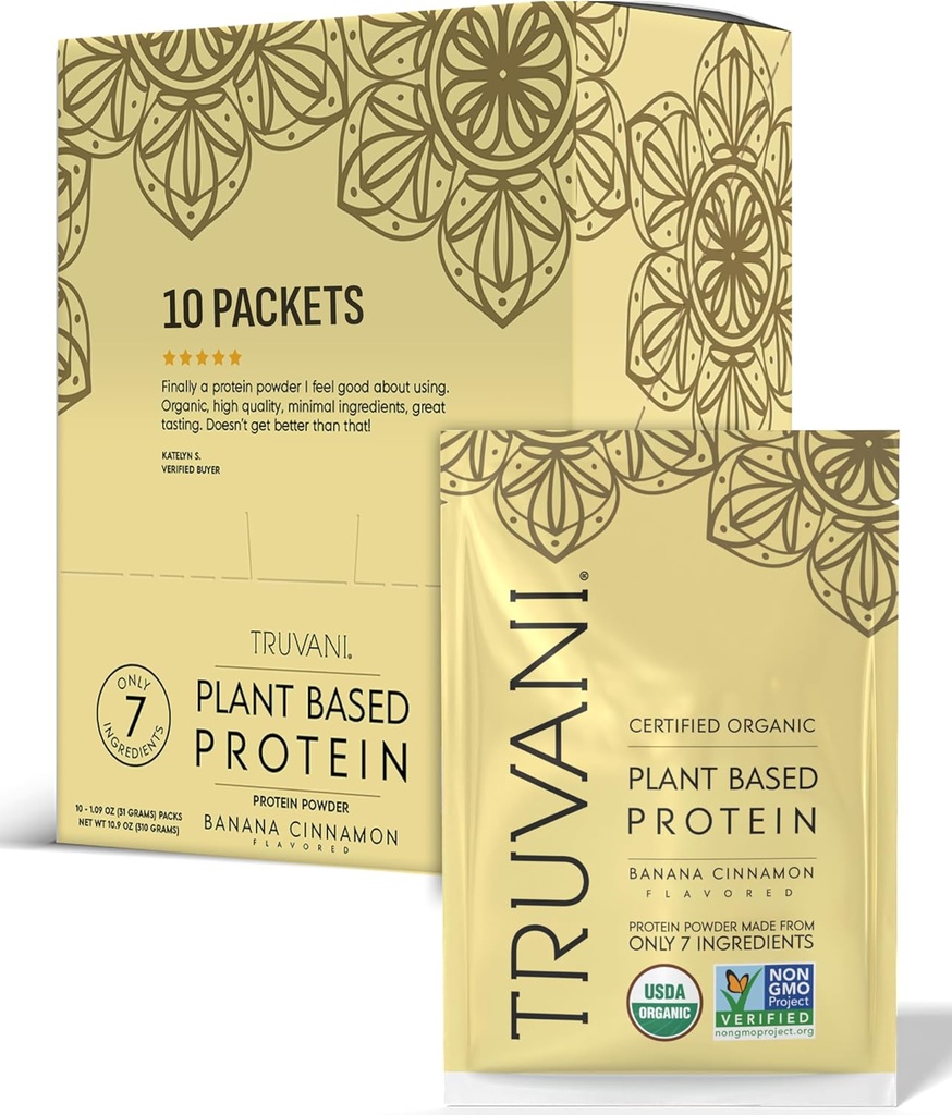 Truvani Vegan Pea Protein Powder | Banana Cinnamon | 20g Organic Plant Based Protein | Single Serving Travel Packets | 10 Servings | Keto | Gluten & Dairy Free | Low Carb | No Added Sugar