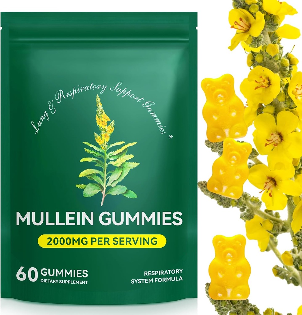 Gommies Mullein pour Détox pulmonaire, 2000mg Extrait de feuille Mullein pour support respiratoire et digestif et immunitaire, supplément biologique à base d'herbe Mullein pour le soulagement du mucus pour les gommes respiratoires, immunitaires, véganes 60