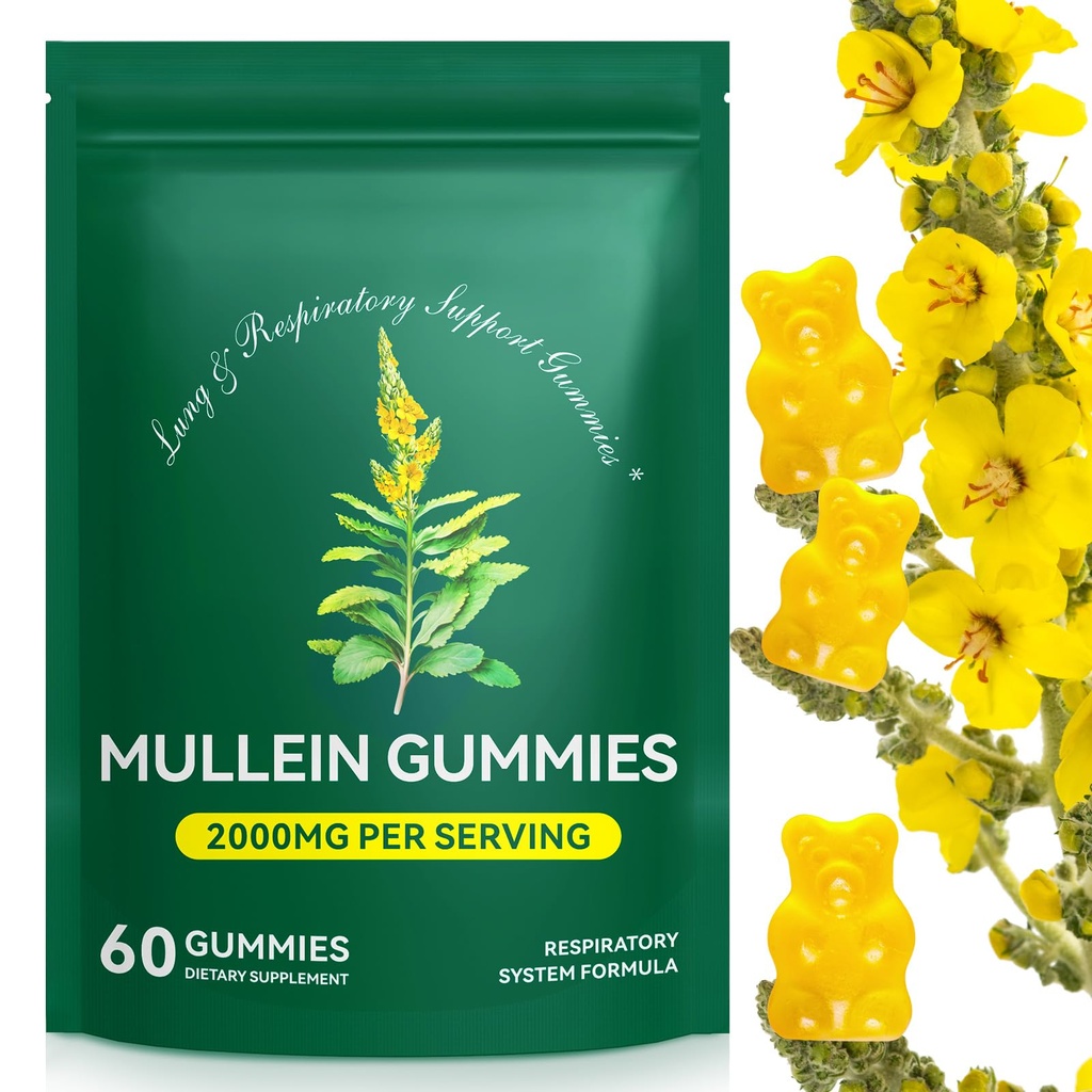 Mullein Gummies for Lung Detox, 2000mg Mullein Leaf Extract for Respiratory & Digestive & Immune Support, Organic Mullein Herb Supplement for Mucus Relief for Respiratory, Immune, Vegan 60 Gummies