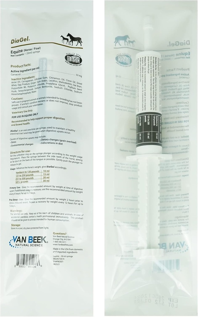 DiaGel pour l'équine - Gel administré par voie orale pour les tabourets et l'incrustation digestive occasionnels - Produits pour chevaux naturels - Van Beek Sciences naturelles