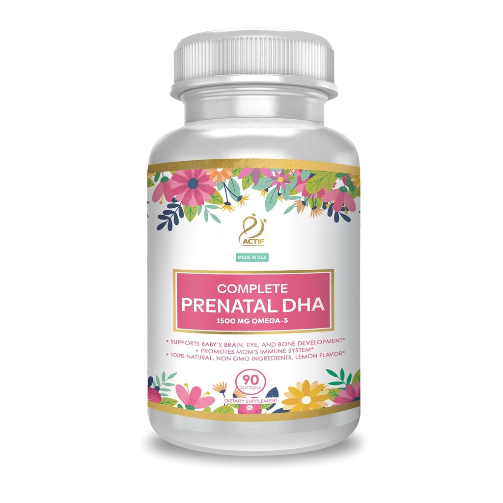 ACTIF Complete Prenatal DHA with 1500mg Omega-3, 100% Natural, Organic DHA, EPA – Non-GMO, 90 Count