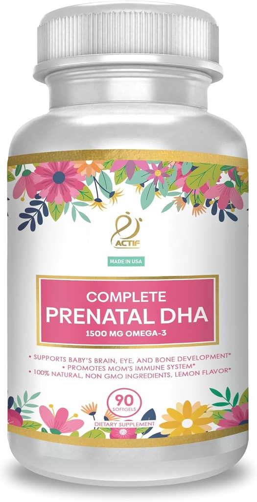 ACTIF DHA prénatal complet avec 1500mg Oméga-3, 100% naturel, DHA organique, EPA – Non-OGM, 90 Nombre