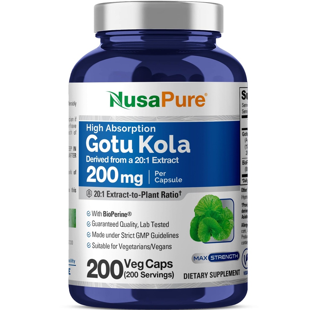 NusaPure Gotu Kola Capsules 20:1 Extrait, 200 mg équivalent à 4000mg Par Veggie Caps, 200 Compte, Non-OGM, Vegan, Bioperine - Extrait d'herbe traditionnel