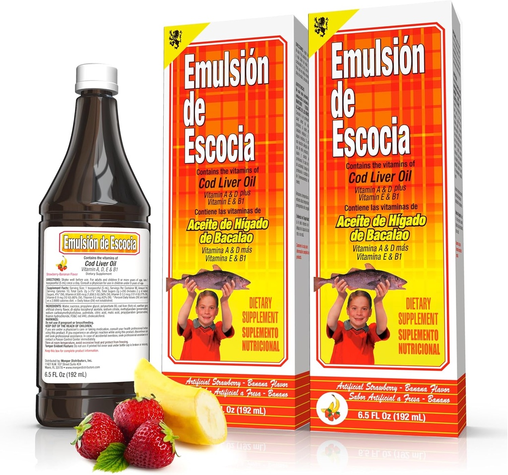 Emulsión de Escocia Cod Supplément liquide d'huile de foie aux vitamines A, D, E & B1 - Huile naturelle de poisson Oméga 3 pour les enfants et les adultes - Delicious Strawberry Banana Flavor - 6,5 oz (2-Pack)