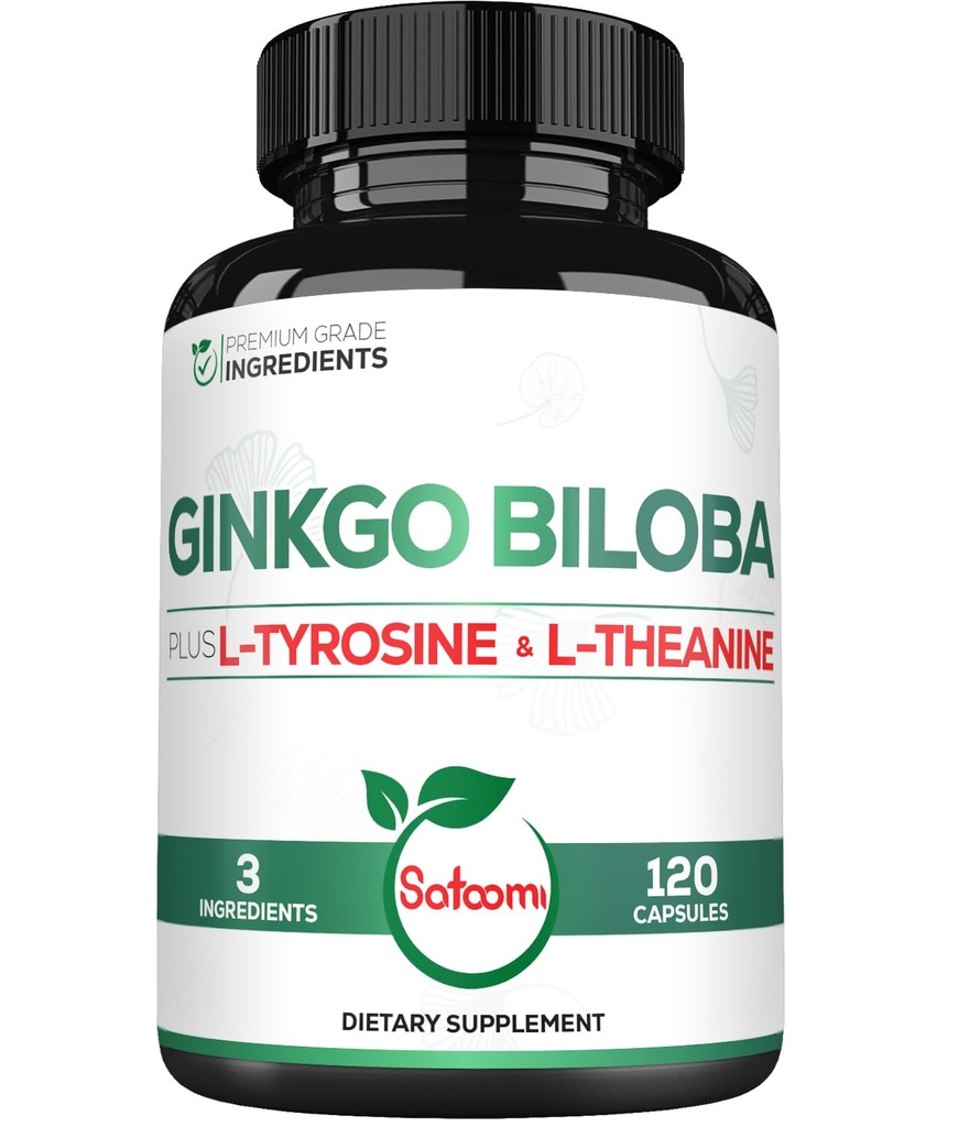 1000mg Ginkgo Biloba Suppléments avec L-Tyrosine, L-Theanine - 120 capsules pour 2 mois d'approvisionnement - Soutien Focus, Fonction Mermorale, Santé du cerveau et qualité de la vision