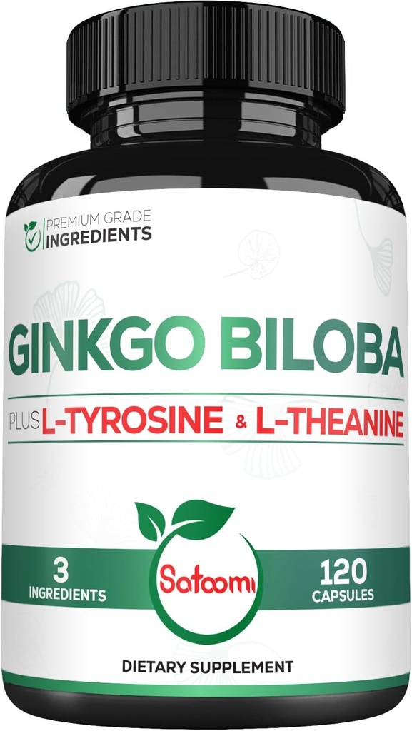 1000mg Ginkgo Biloba Suppléments avec L-Tyrosine, L-Theanine - 120 capsules pour 2 mois d'approvisionnement - Soutien Focus, Fonction Mermorale, Santé du cerveau et qualité de la vision